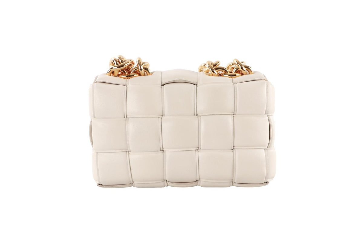 WHITE THE CHAIN CASSETTE INTRECCIATO LEATHER SHOULDER BAG