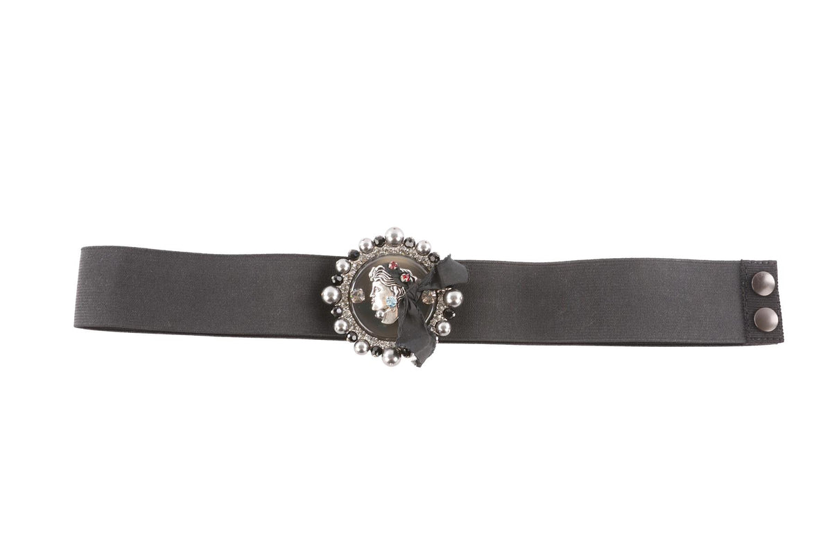 LANVIN BLACK CRYSTAL AND FABRIC WAIST BELT MEDIUM