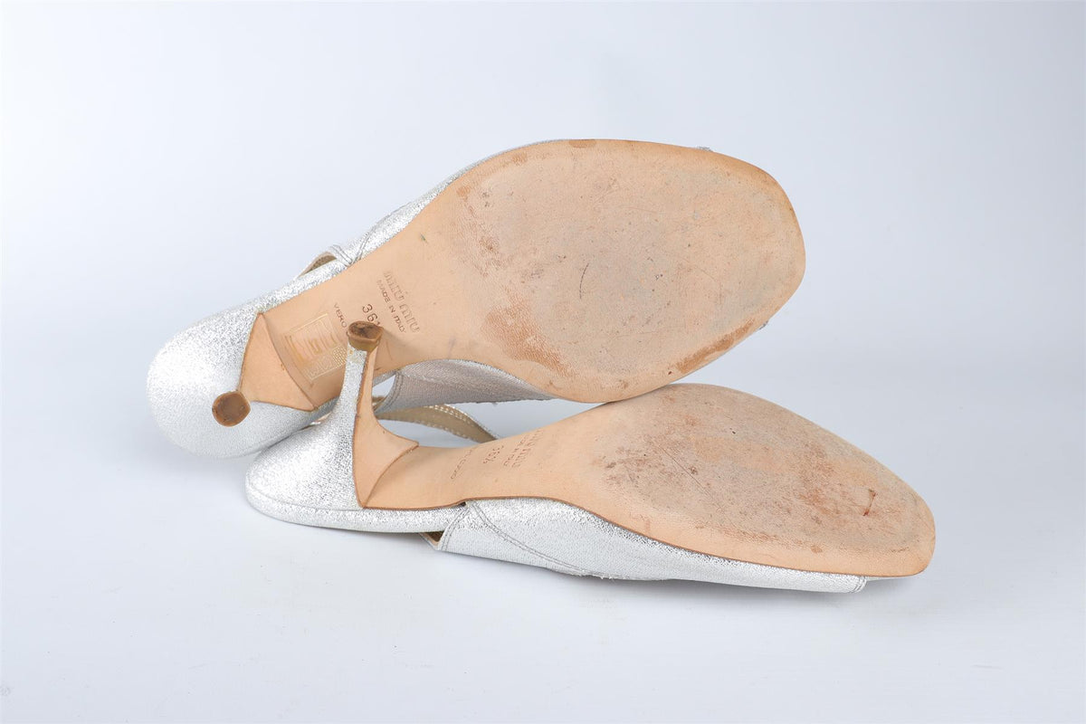 MIU MIU SILVER CRYSTAL AND LEATHER SLINGBACK SANDALS EU 36.5 UK 3.5 US 6.5