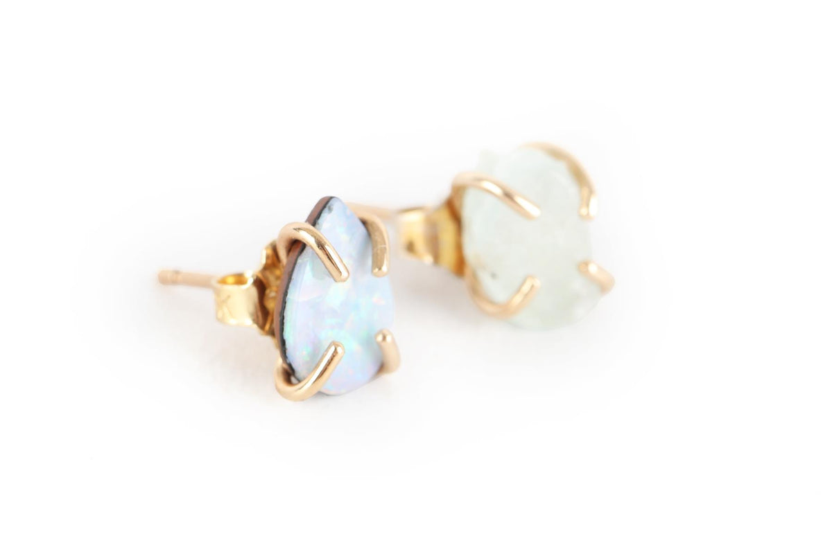 MELISSA JOY MANNING 14K YELLOW GOLD, AQUAMARINE AND OPAL STUD EARRINGS