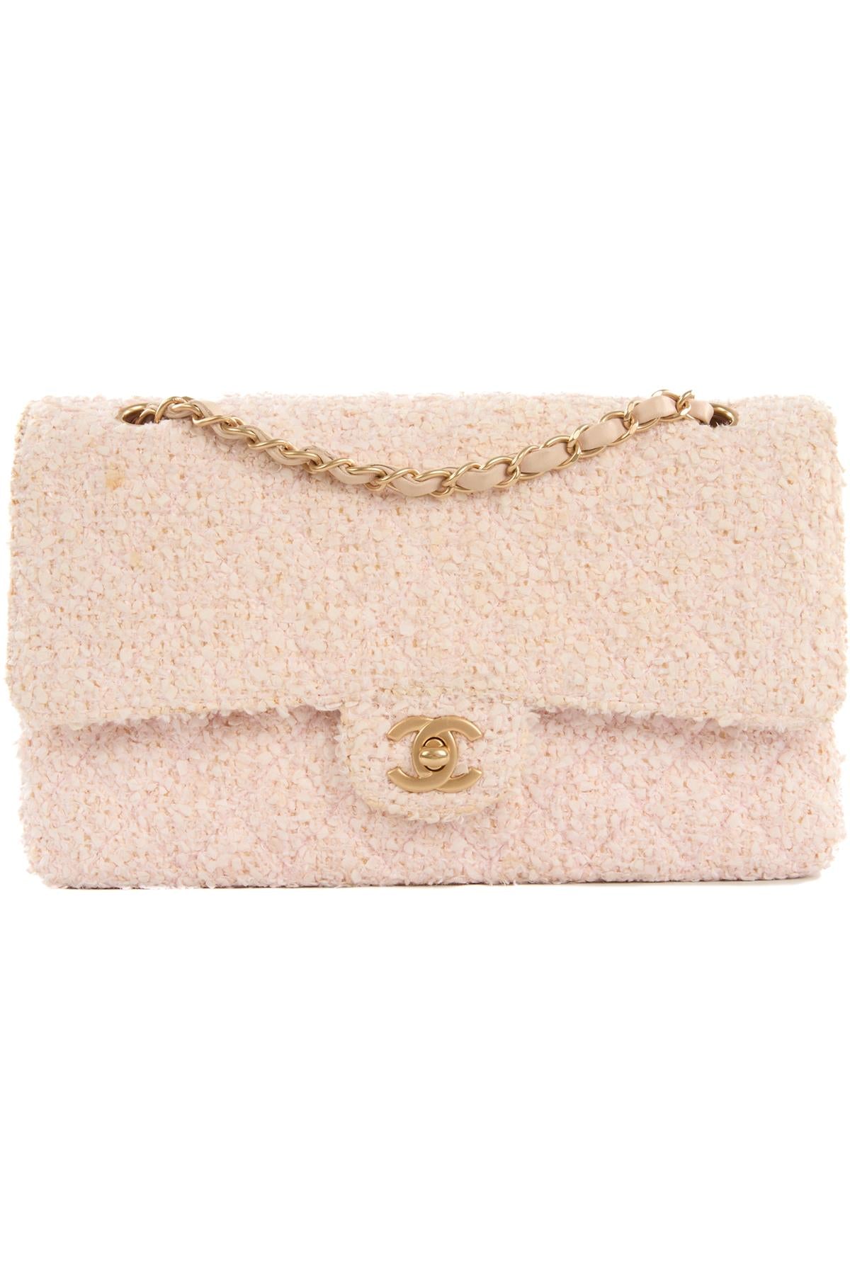 CHANEL PINK 2003-2004 CLASSIC DOUBLE FLAP MEDIUM TWEED SHOULDER BAG