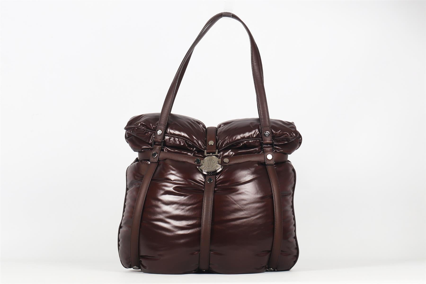 MONCLER BROWN LEATHER AND PADDED DOWN SHELL SHOULDER BAG