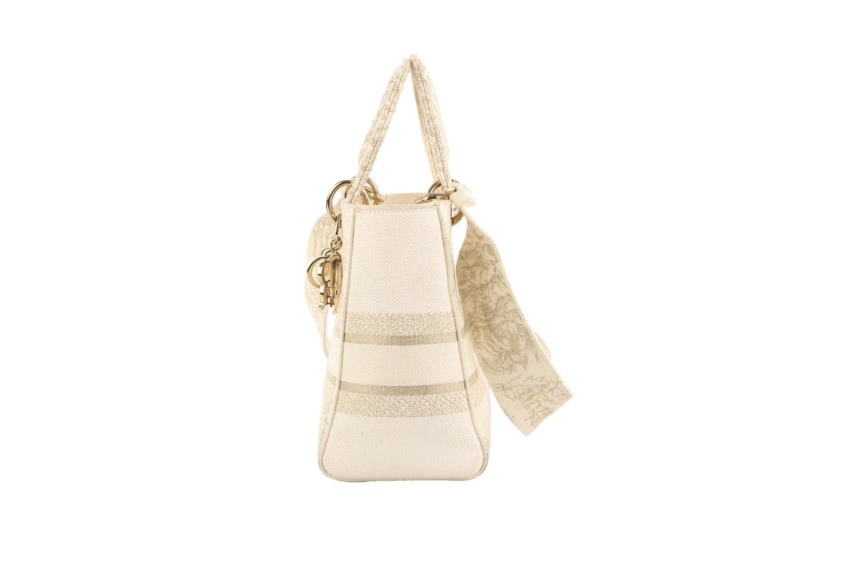CHRISTIAN DIOR IVORY LADY D-LITE MEDIUM TOILE DE JOUY CANVAS TOTE BAG