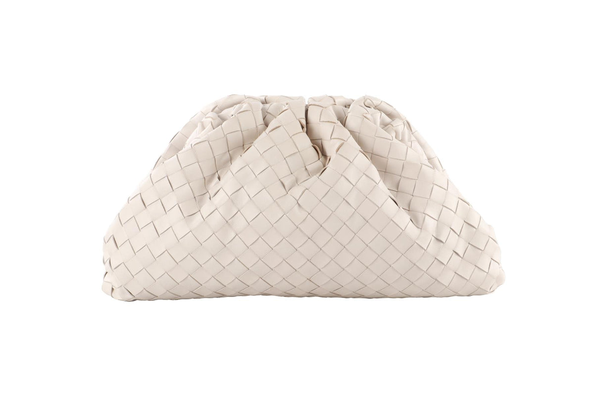 WHITE POUCH INTRECCIATO LEATHER CLUTCH