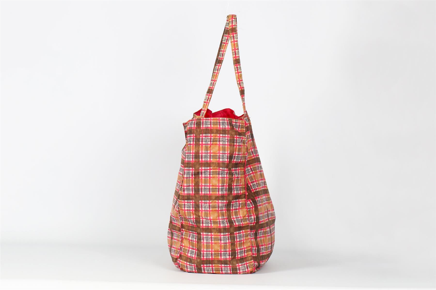 PRADA PINK AND TAN CHECKED NYLON TOTE BAG AND POUCH