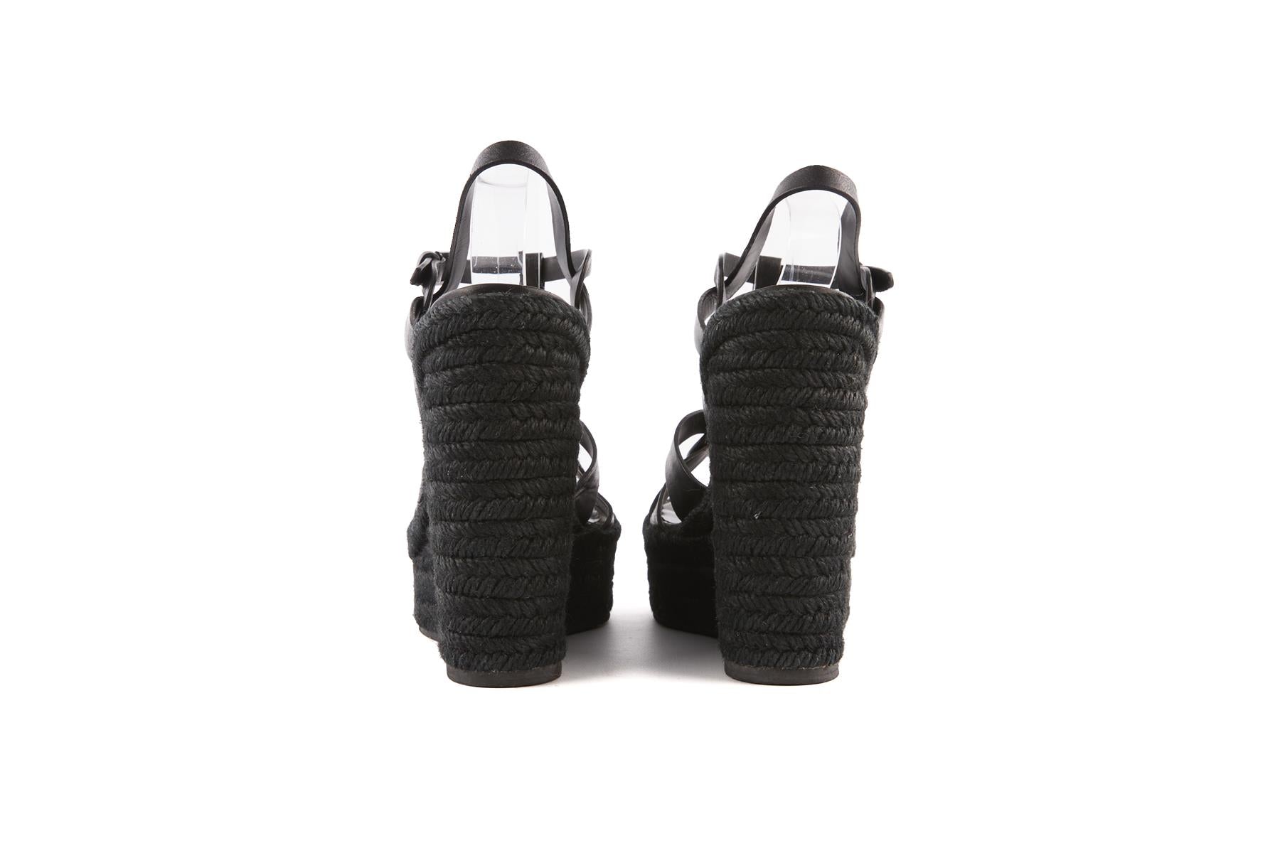 SAINT LAURENT BLACK TRIBUTE LEATHER WEDGE ESPADRILLES EU 40 UK 7 US 10