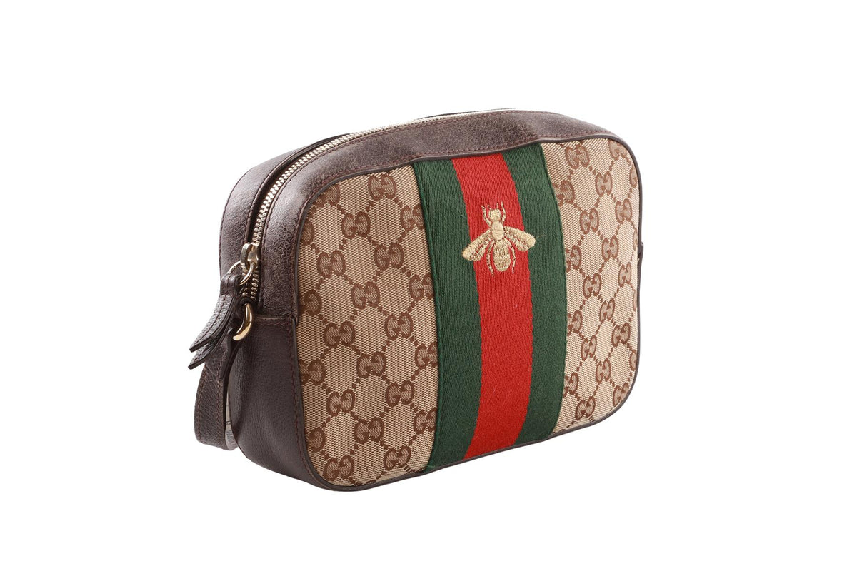 BROWN WEBBY BEE GG CANVAS SHOULDER BAG