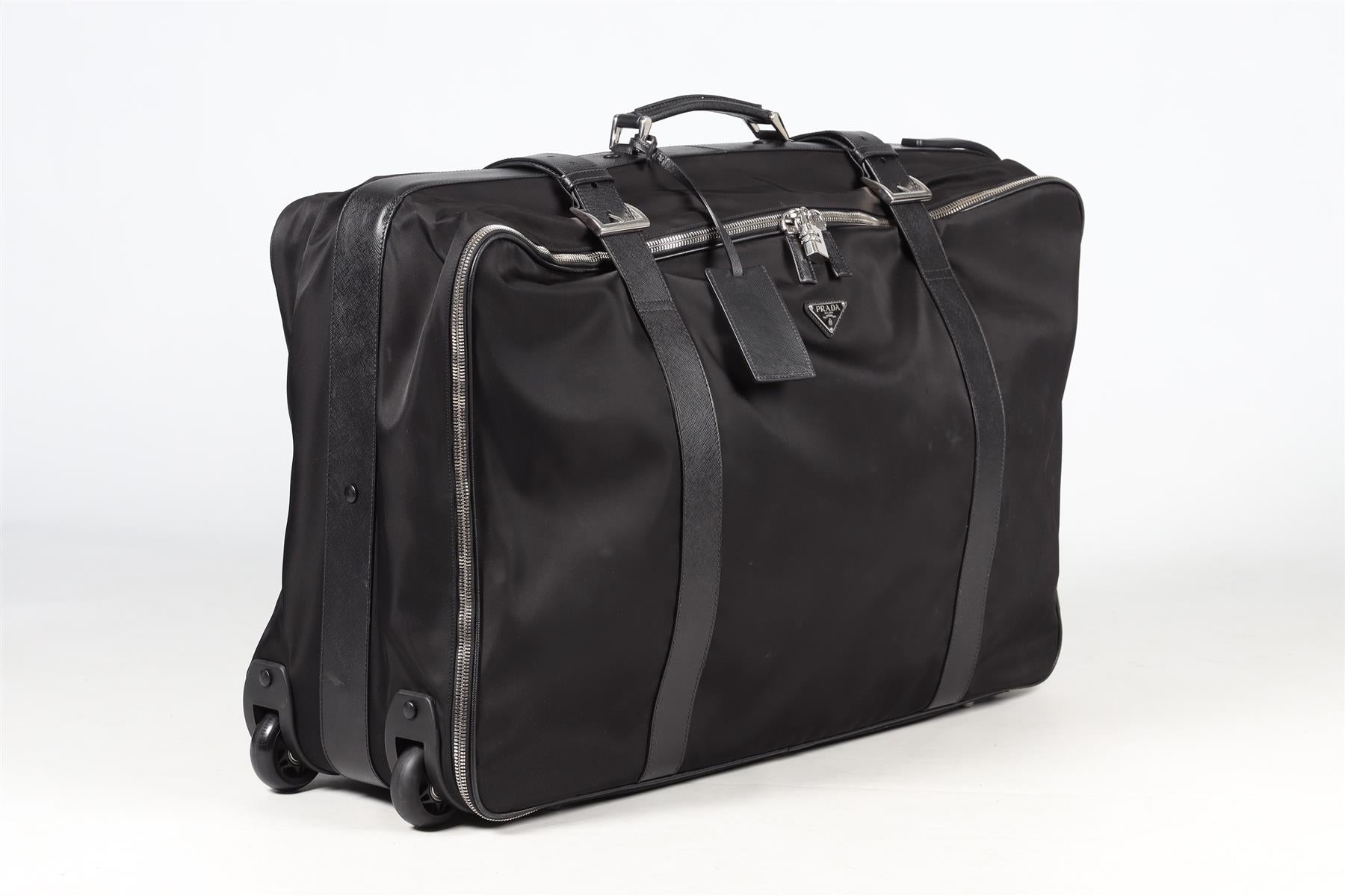 PRADA BLACK 70CM RE-NYLON AND SAFFIANO LEATHER SUITCASE