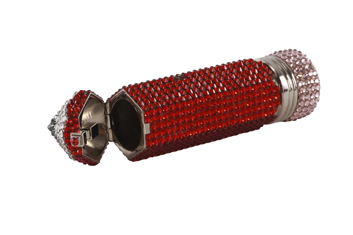 JUDITH LEIBER RED CRYSTAL AND SILVER TONE PILL BOX