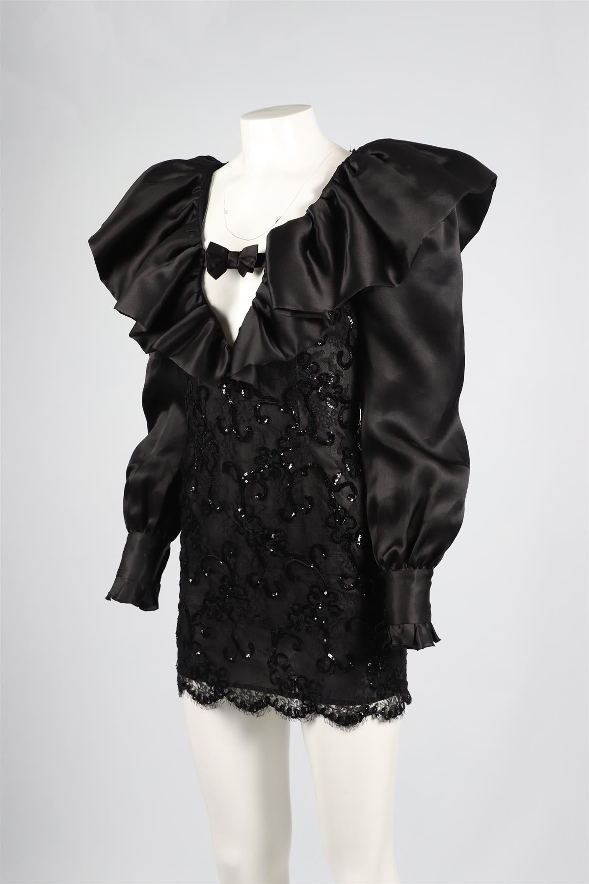 ALESSANDRA RICH BLACK LACE AND SILK MINI DRESS SMALL