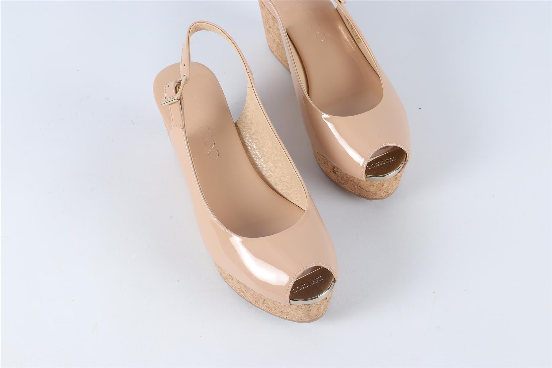 JIMMY CHOO NUDE PATENT LEATHER WEDGE SANDALS EU 34 UK 1 US 4