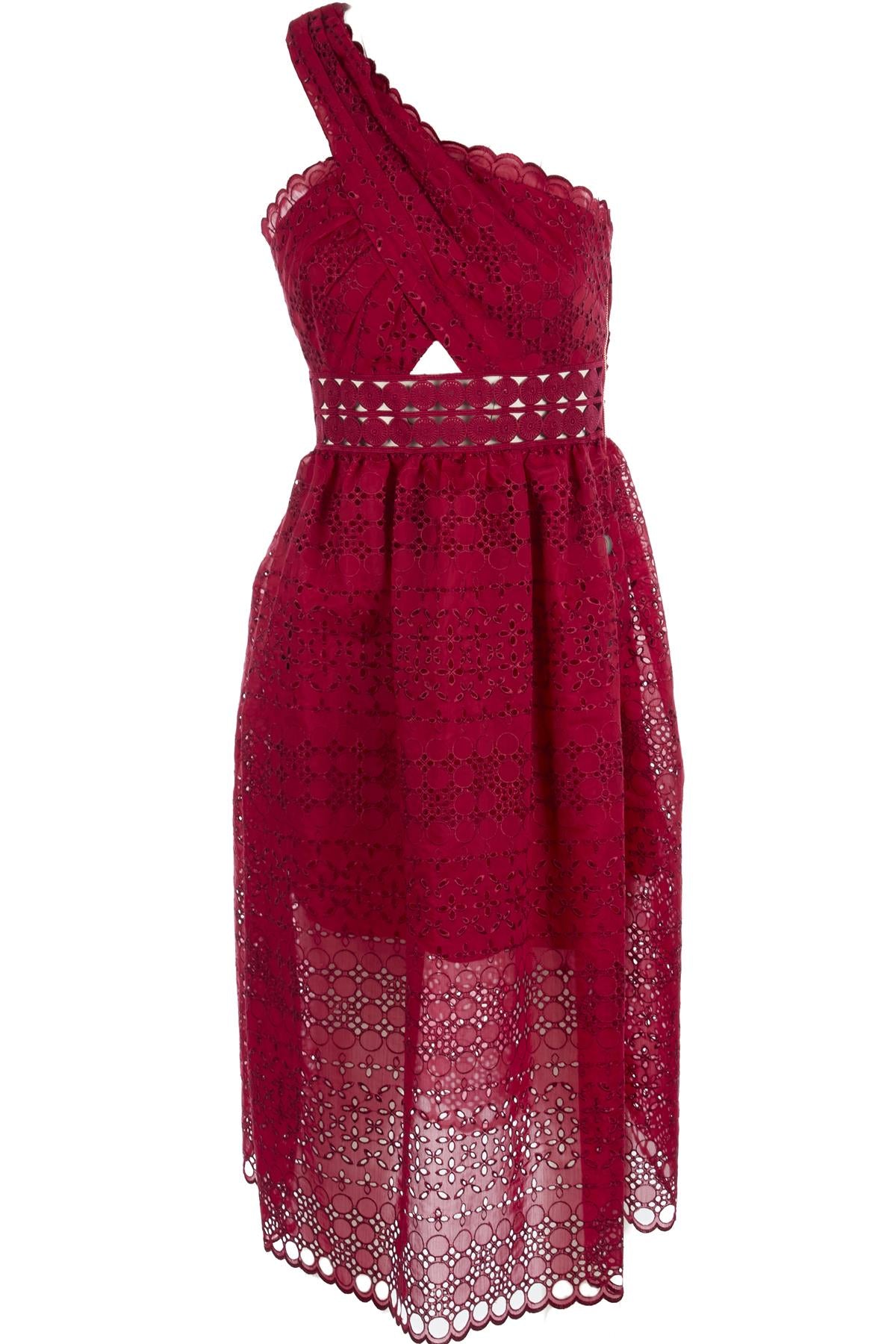SELF-PORTRAIT BURGUNDY BRODERIE ANGLAISE MIDI DRESS UK 10