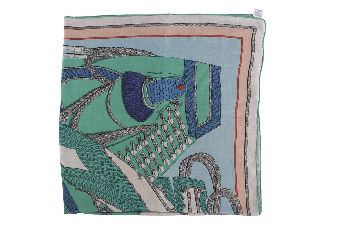 HERMÈS BLUE ZOUAVES ET DRAGONS CASHMERE SCARF 137CM
