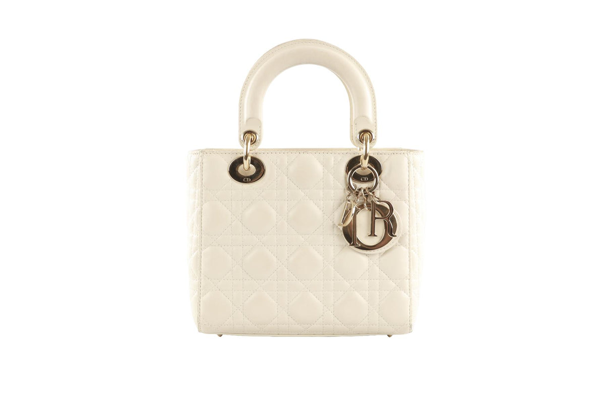 CHRISTIAN DIOR ECRU LADY DIOR MY ABCDIOR SMALL CANNAGE LEATHER TOTE BAG