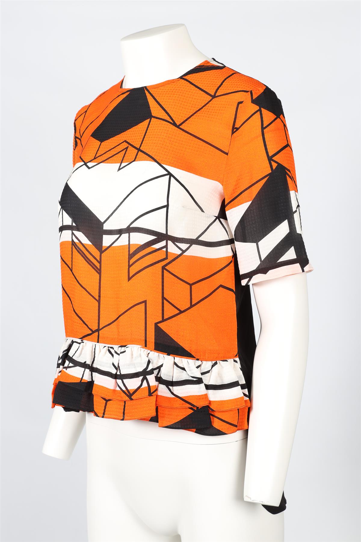 PREEN BY THORNTON BREGAZZI ORANGE, BLACK AND WHITE PRINTED CREPE TOP XSMALL