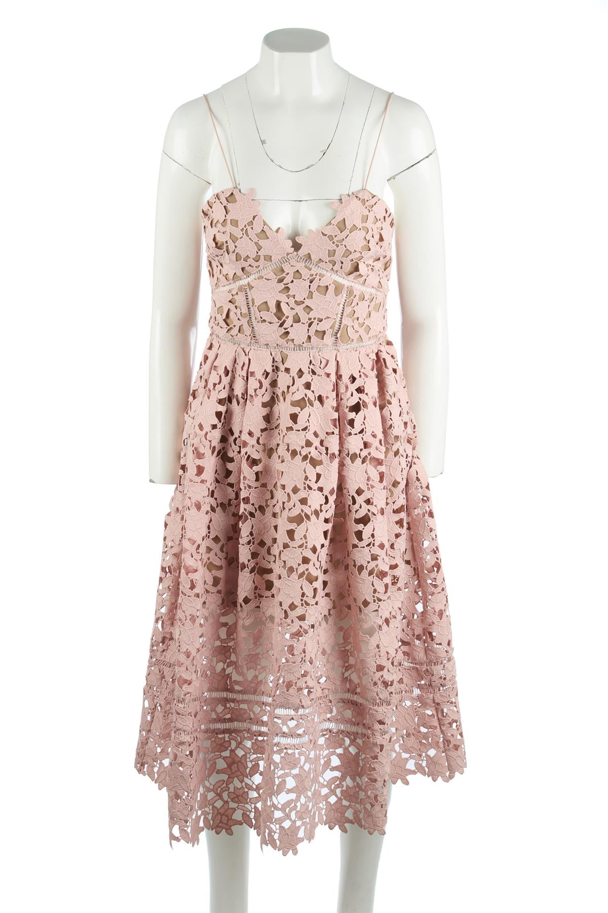SELF-PORTRAIT PINK CROCHET MIDI DRESS UK 10