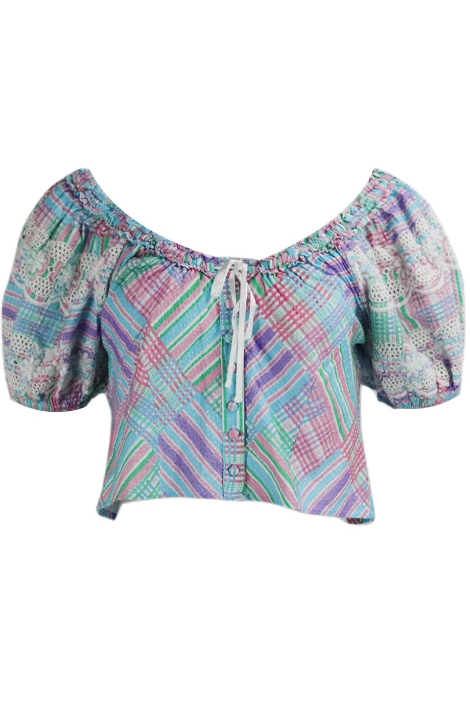 LOVESHACKFANCY OFF THE SHOULDER CROPPED CHECKED COTTON TOP US 6 UK 10