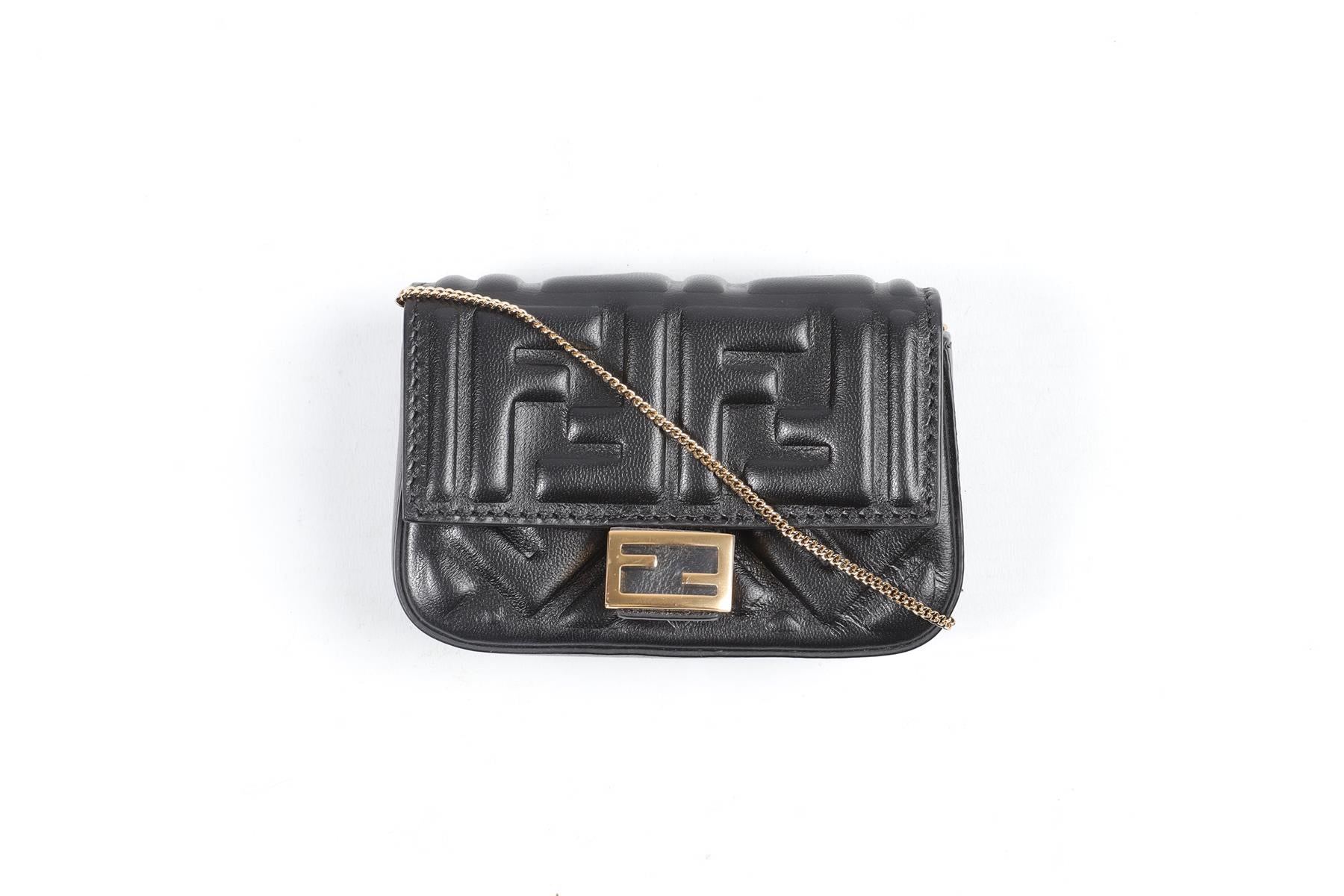 FENDI BLACK NANO BAGUETTE CHARM FF LEATHER CROSSBODY BAG