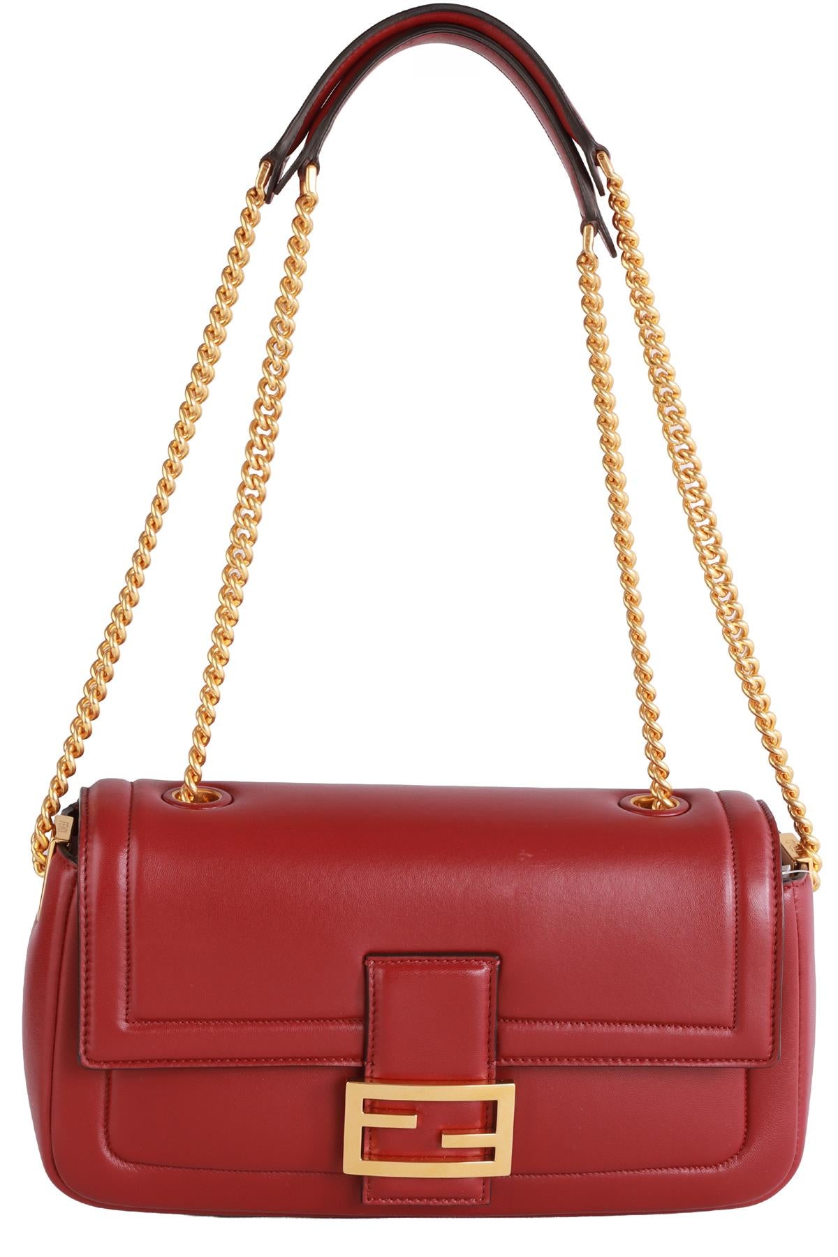FENDI BURGUNDY BAGUETTE CHAIN MIDI LEATHER SHOULDER BAG