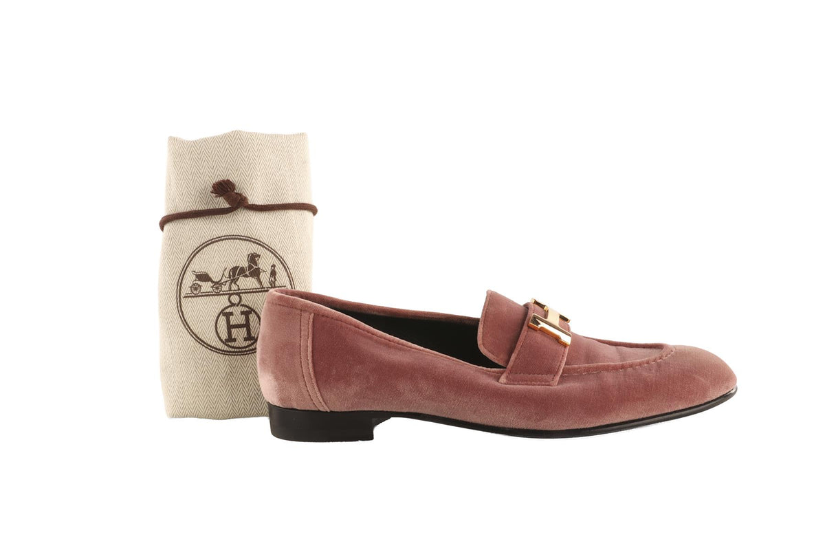 HERMÈS PINK PARIS VELVET LOAFERS EU 37 UK 4 US 7