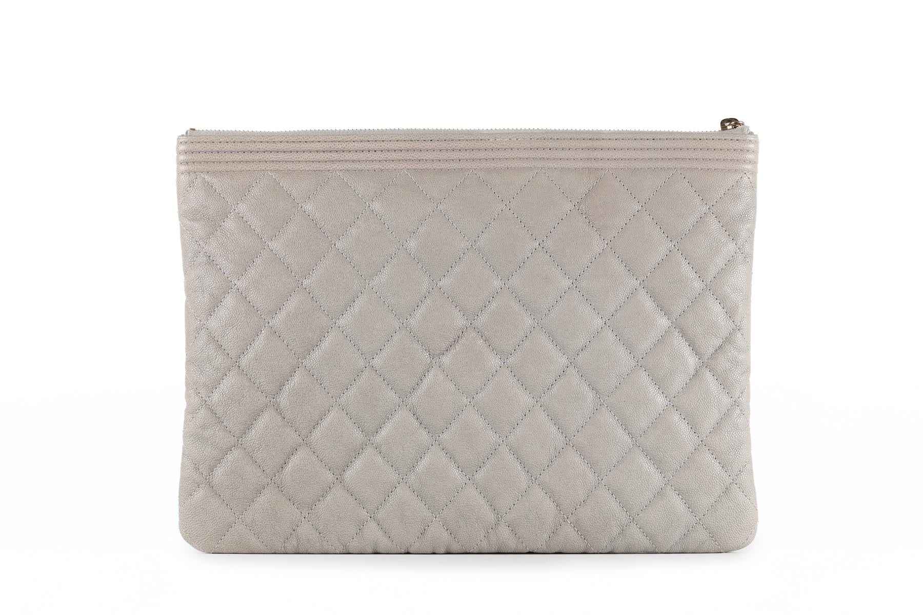 CHANEL GREY 2019 BOY O CASE MEDIUM QUILTED CAVIAR LEATHER CLUTCH