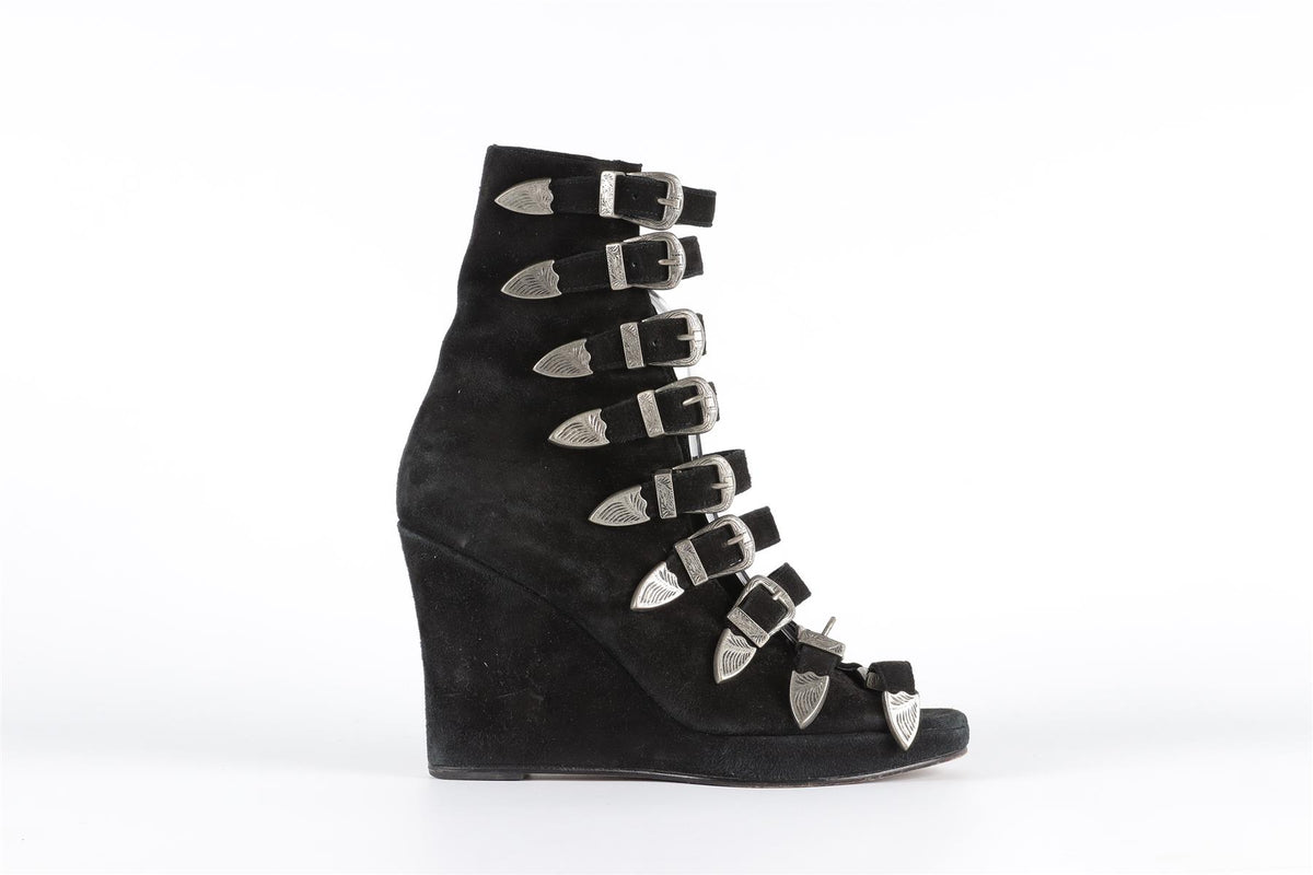 OPENING CEREMONY + CHLOE SEVIGNY BLACK SUEDE WEDGE SANDALS EU 38 UK 5 US 8