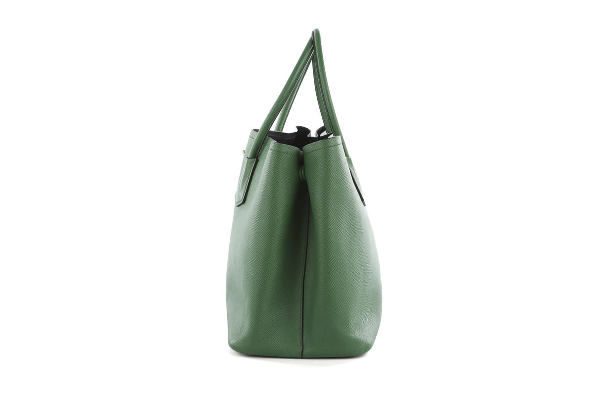 PRADA GREEN DOUBLE MEDIUM SAFFIANO LEATHER TOTE BAG