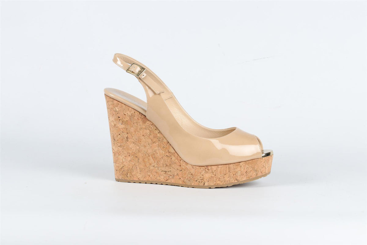 JIMMY CHOO NUDE PATENT LEATHER SLINGBACK WEDGE SANDALS EU 39 UK 6 US 9