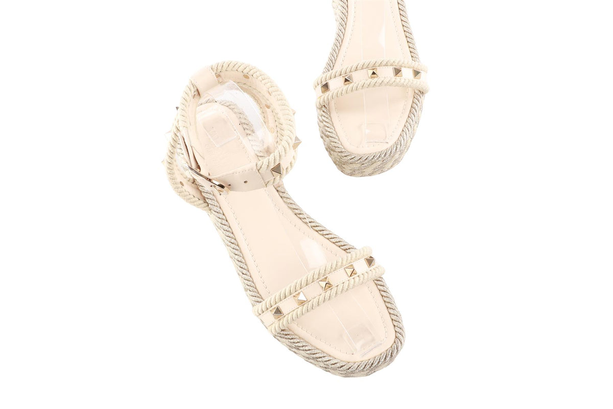 VALENTINO GARAVANI CREAM ROCKSTUD LEATHER ESPADRILLE WEDGE SANDALS EU 38 UK 5 US 8