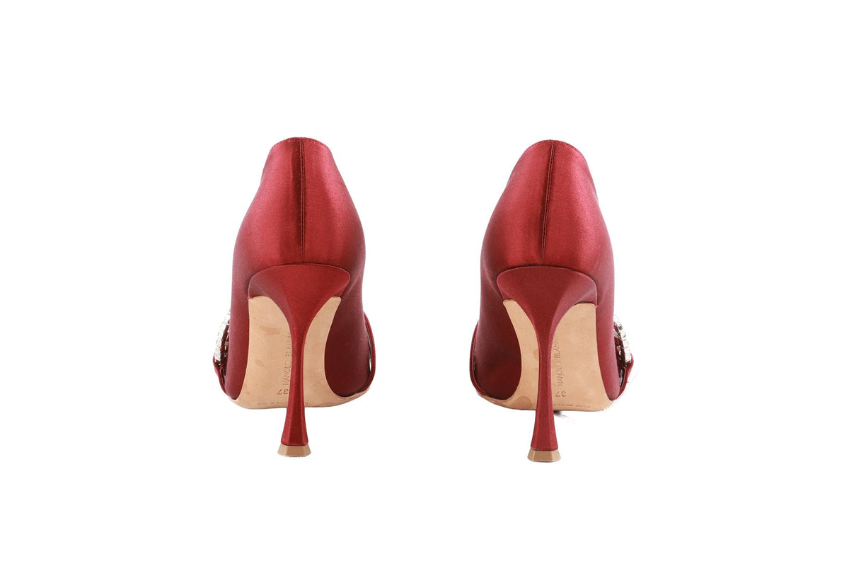 MANOLO BLAHNIK BURGUNDY CRYSTAL AND SATIN PUMPS EU 37 UK 4 US 7