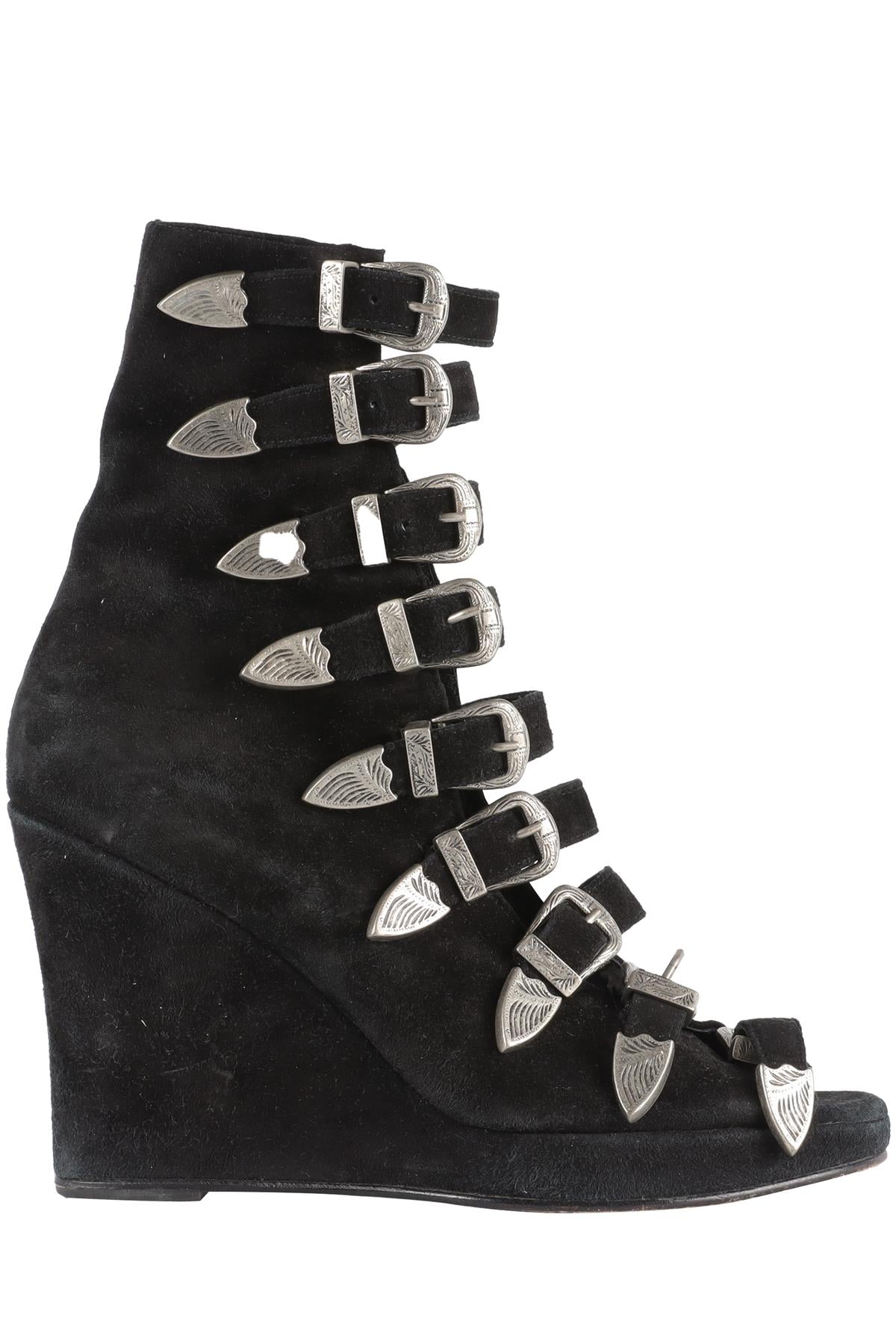 OPENING CEREMONY + CHLOE SEVIGNY BLACK SUEDE WEDGE SANDALS EU 38 UK 5 US 8