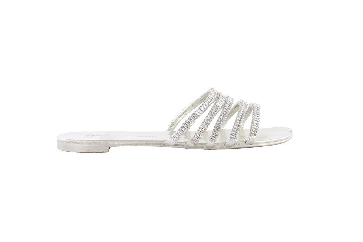 GIUSEPPE ZANOTTI SILVER CRYSTAL AND LEATHER SANDALS EU 39 UK 6 US 9