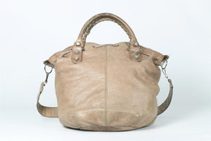 BALENCIAGA TAUPE GIANT 21 POMPON LEATHER BUCKET BAG