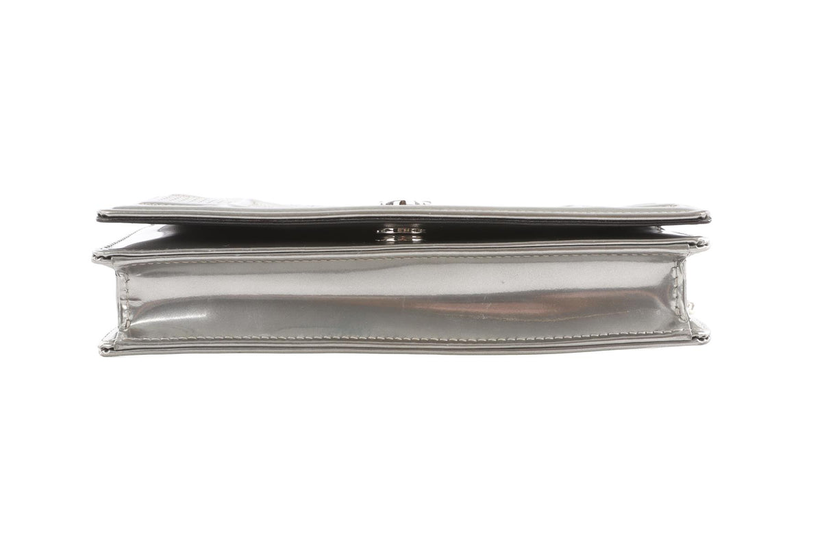 CHRISTIAN DIOR SILVER DIORAMA WALLET ON CHAIN MICROCANNAGE LEATHER CROSSBODY BAG