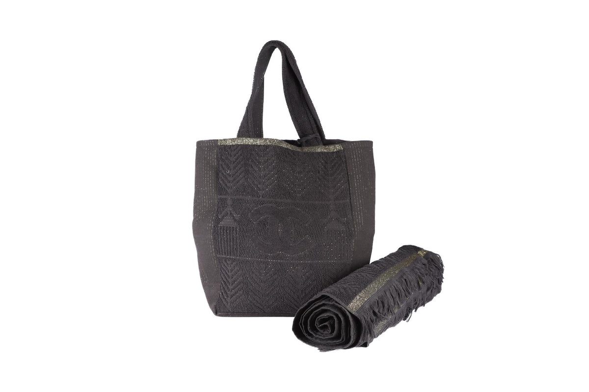 CHANEL BLACK 2019 TERRY CLOTH TOTE BAG AND TOWEL