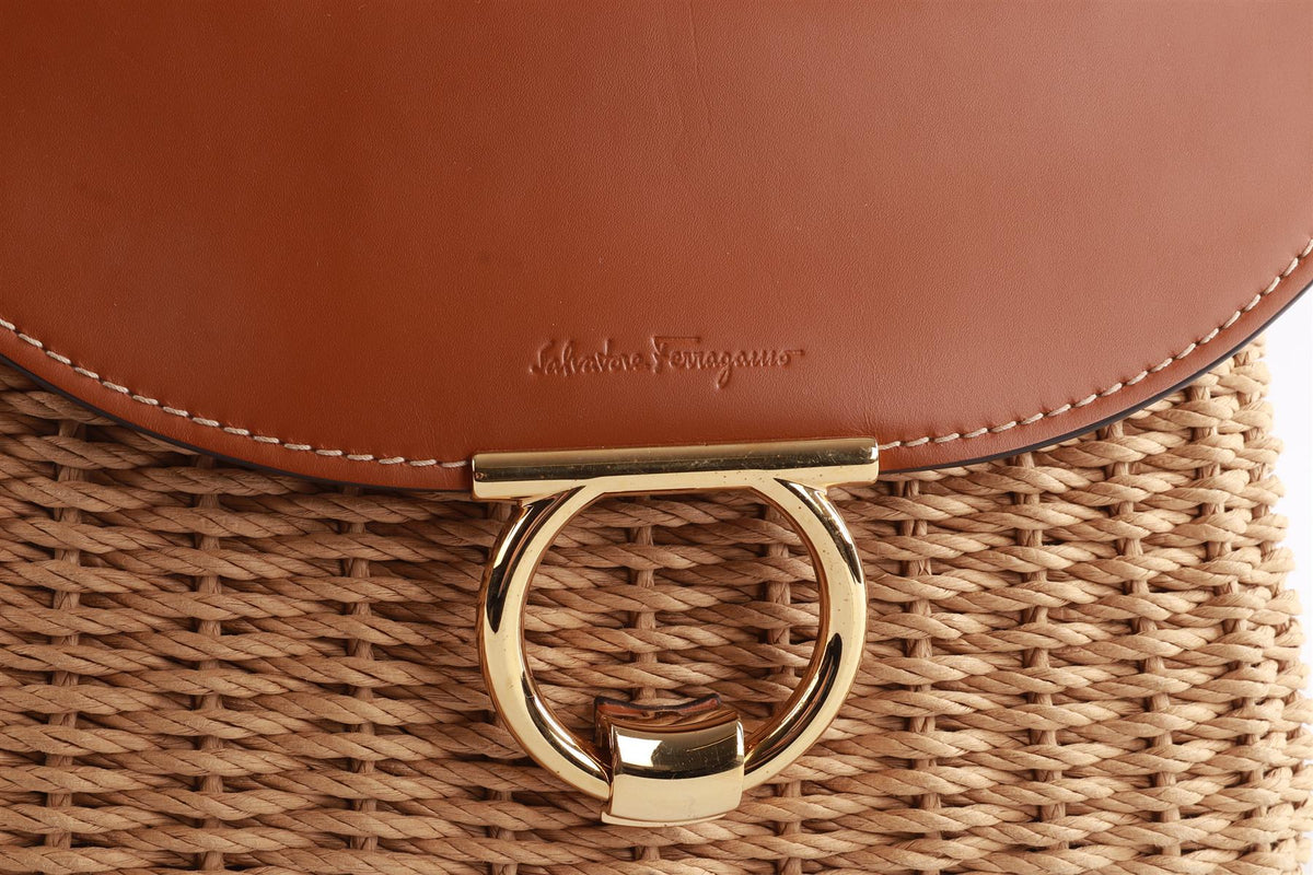 SALVATORE FERRAGAMO TAN MARGOT WICKER TOTE BAG