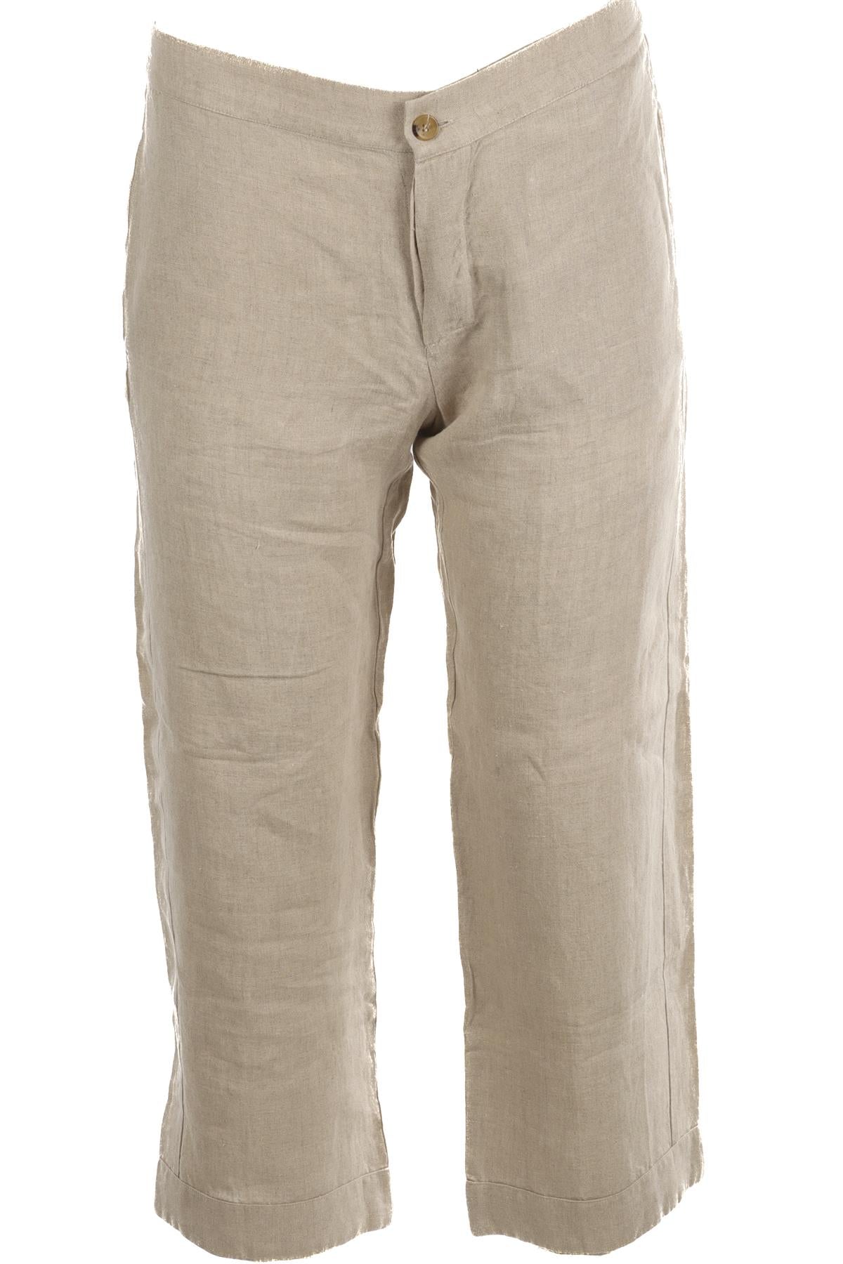 ASCENO BEIGE LINEN STRAIGHT LEG PANTS SMALL