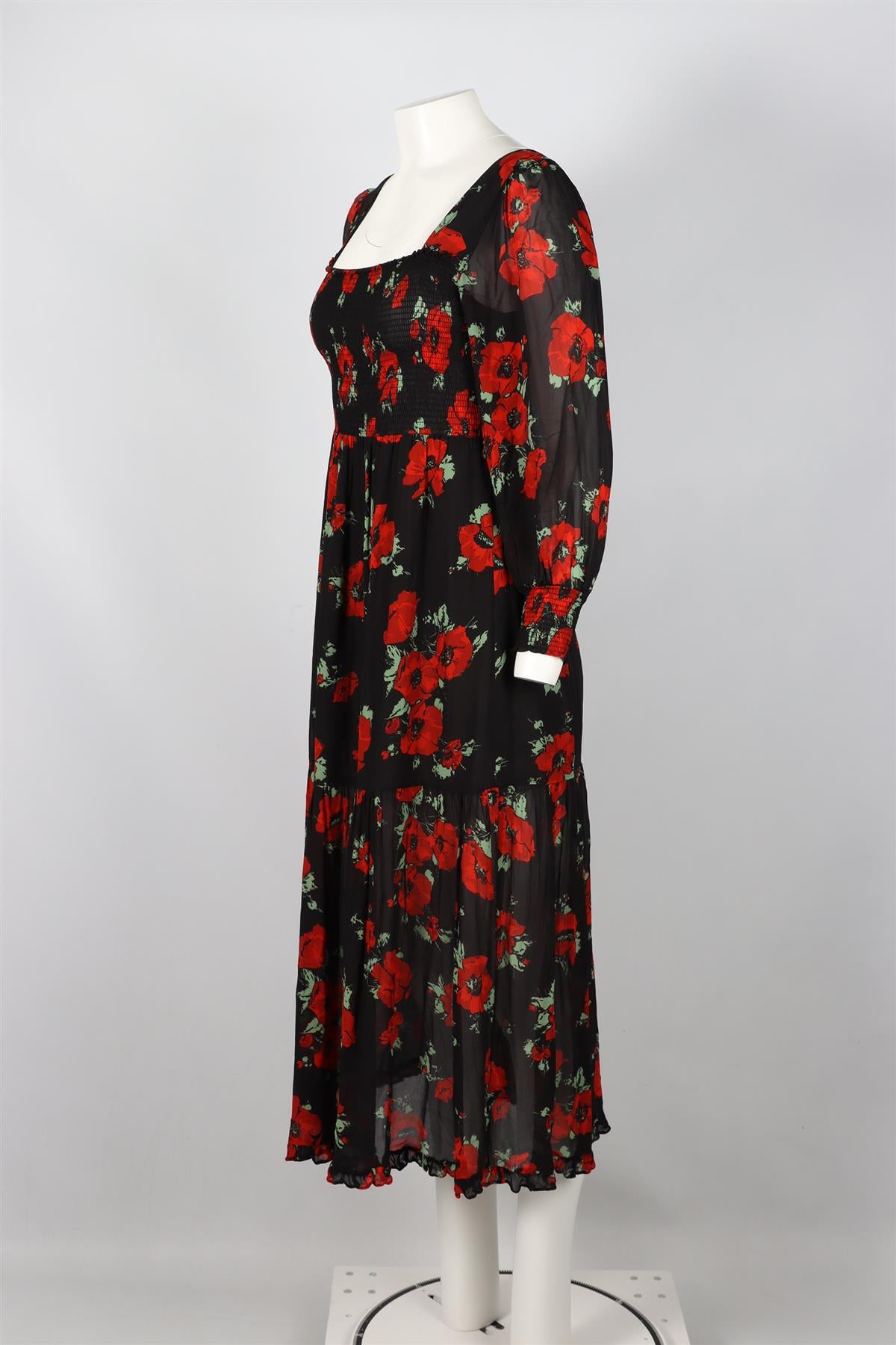 RIXO RED, BLACK AND GREEN FLORAL PRINT CREPE MIDI DRESS UK 12