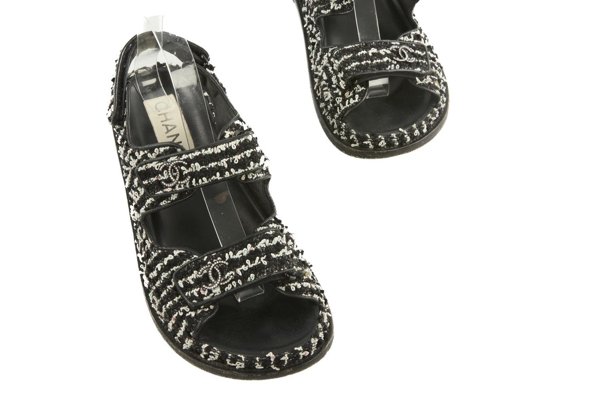 CHANEL BLACK 2022 DAD TWEED SANDALS EU 38.5 UK 5.5 US 8.5