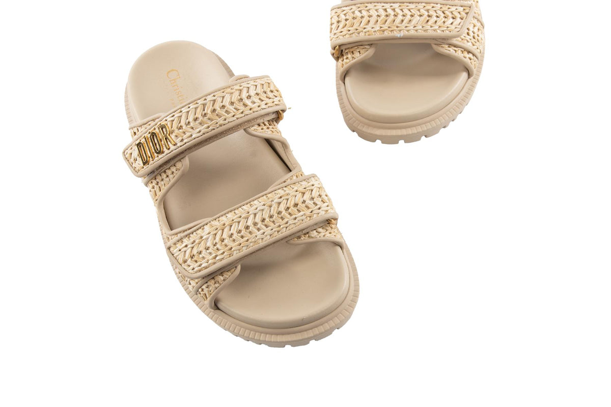 CHRISTIAN DIOR BEIGE DIORACT RAFFIA SLIDES EU 37.5 UK 4.5 US 7.5