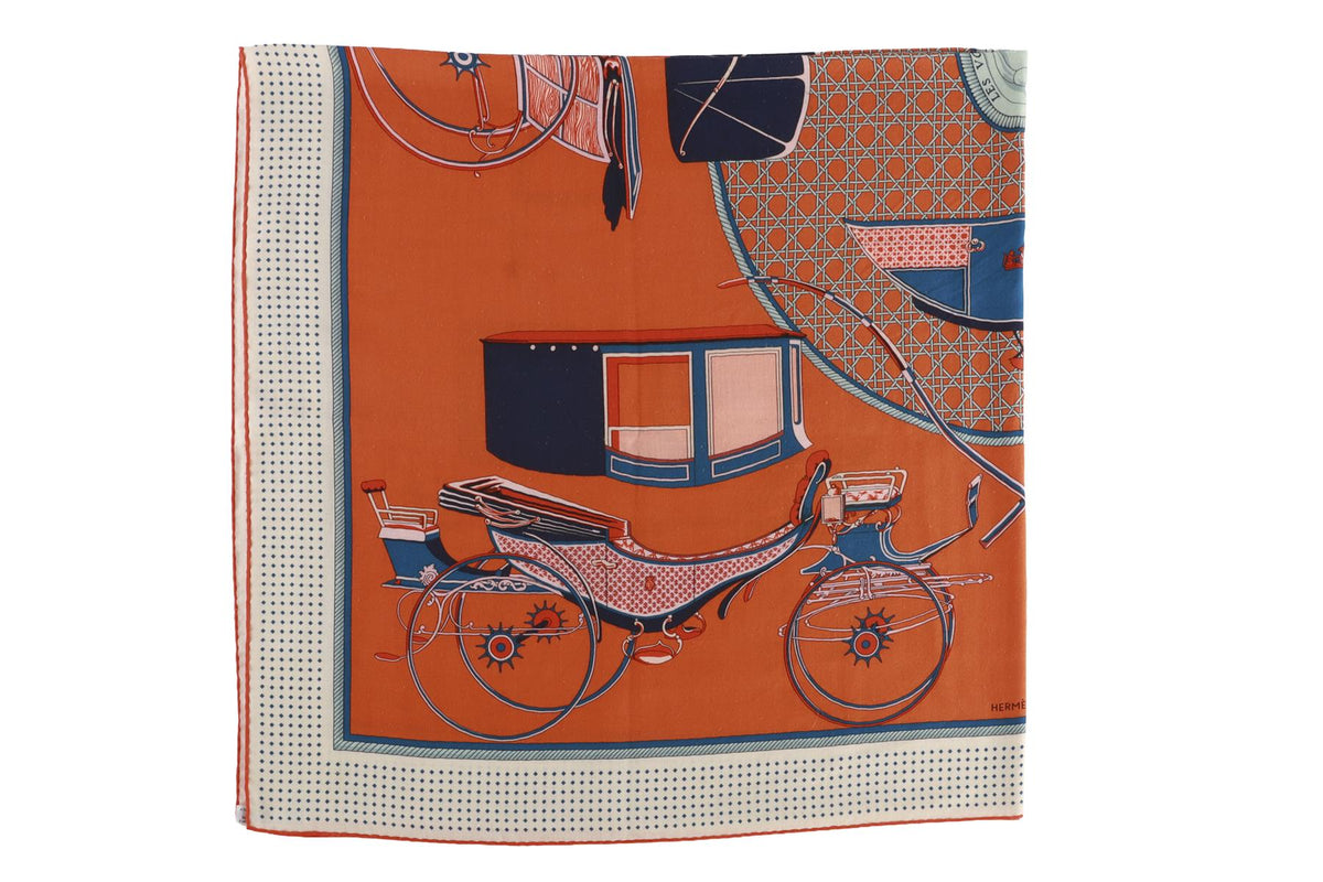 HERMÈS ORANGE LES VOITURES A TRANSFORMATION CASHMERE SCARF 134CM
