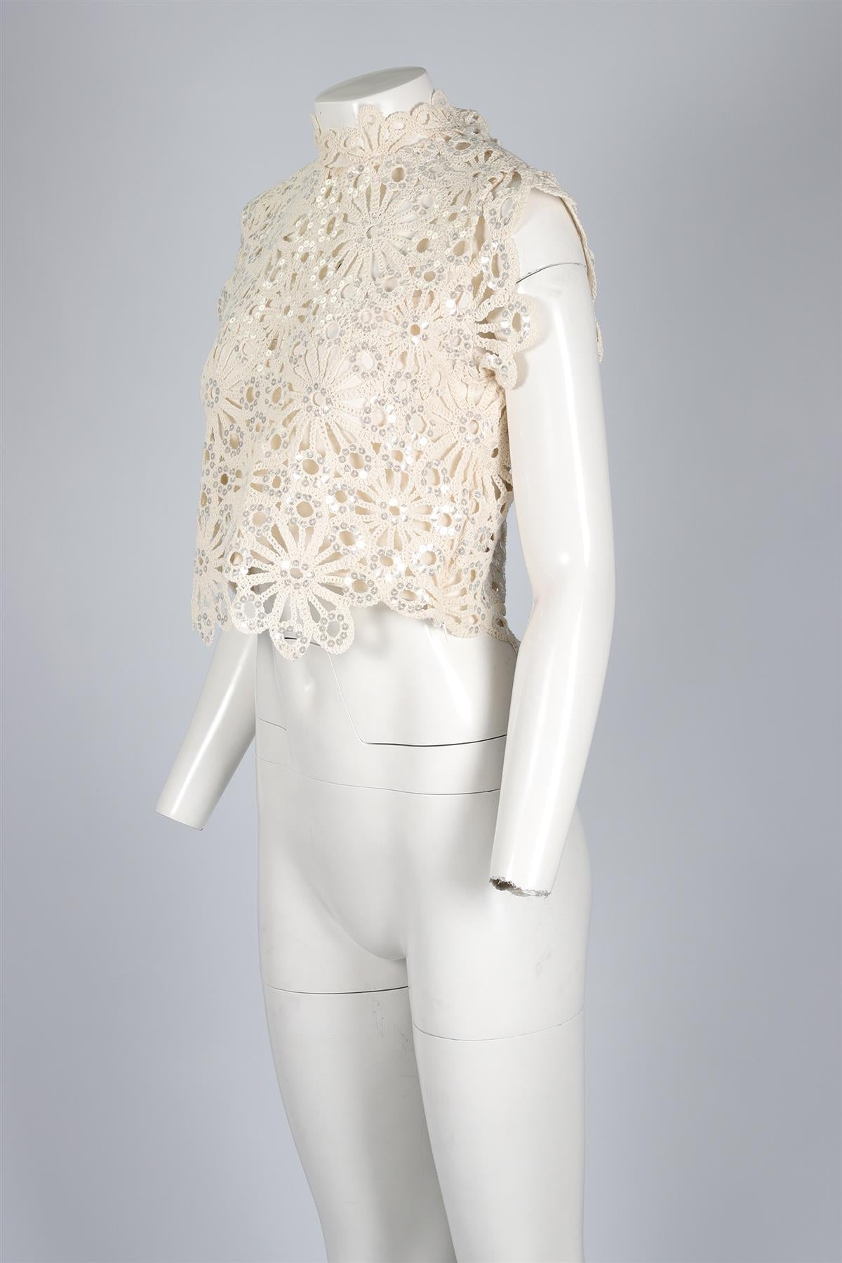 MAJE CREAM SEQUIN AND CROCHET TOP UK 10