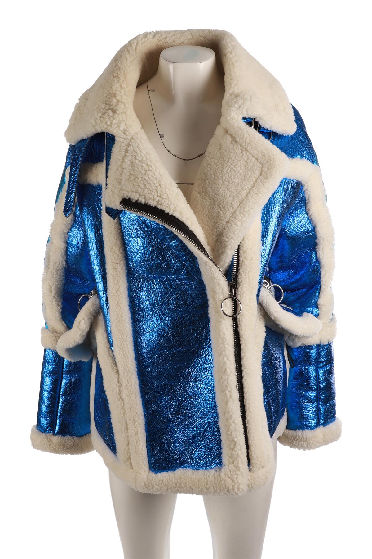 NICOLE BENISTI BLUE SHEARLING AND LEATHER JACKET XSMALL