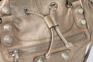 BALENCIAGA TAUPE GIANT 21 POMPON LEATHER BUCKET BAG