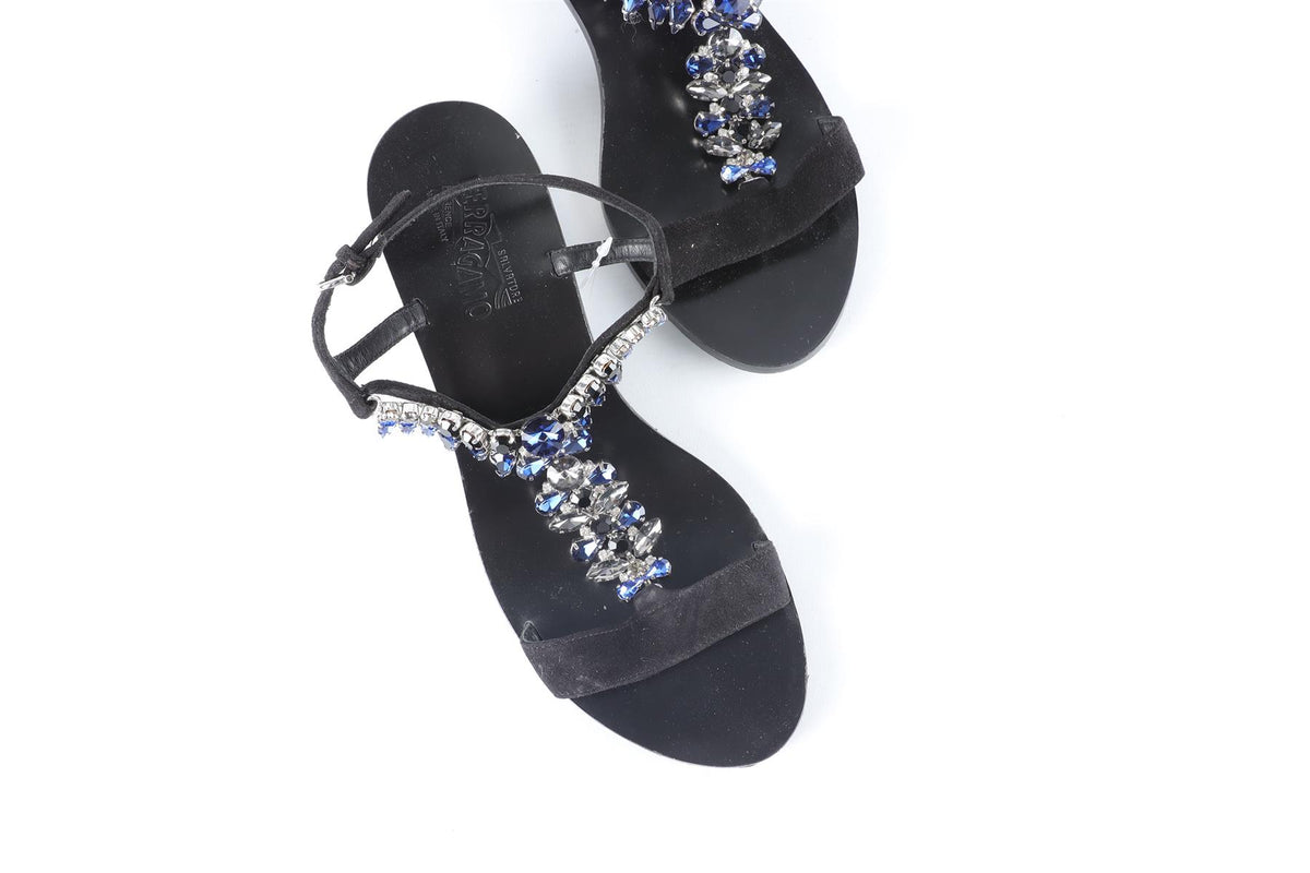 SALVATORE FERRAGAMO BLACK CRYSTAL AND SUEDE SANDALS EU 37.5 UK 4.5 US 7.5
