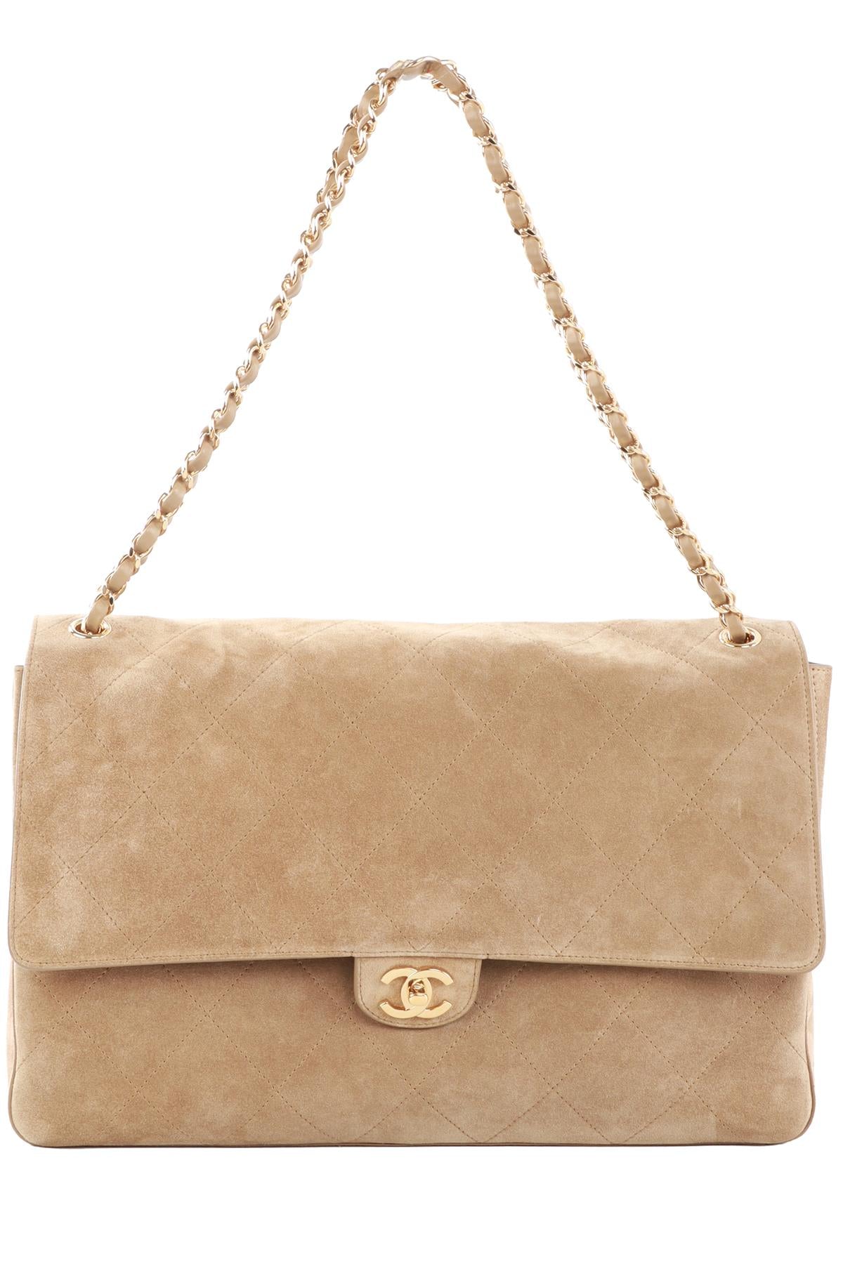 CHANEL BEIGE 2026 MAXI FLAP QUILTED SUEDE SHOULDER BAG