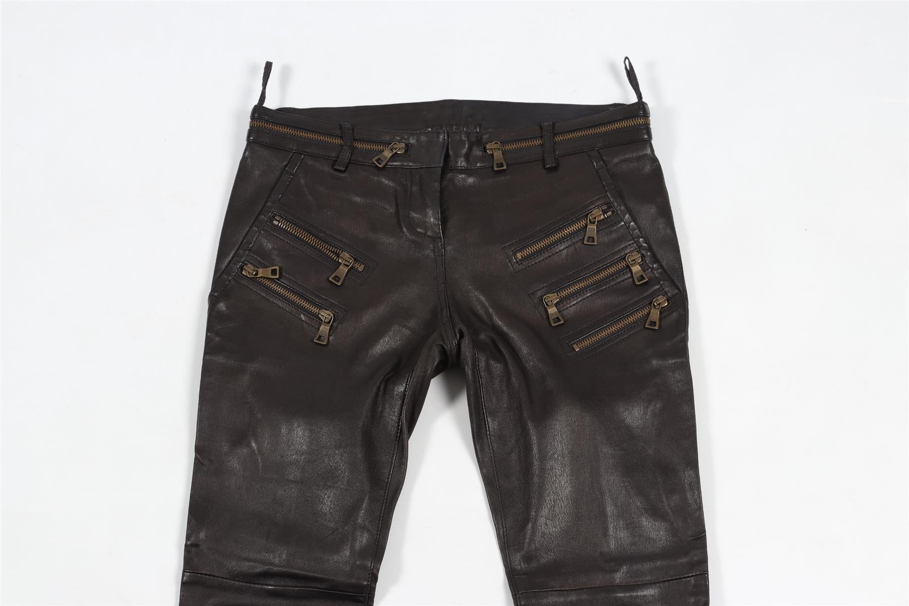 BALMAIN BROWN LEATHER SKINNY PANTS FR 36 UK 8