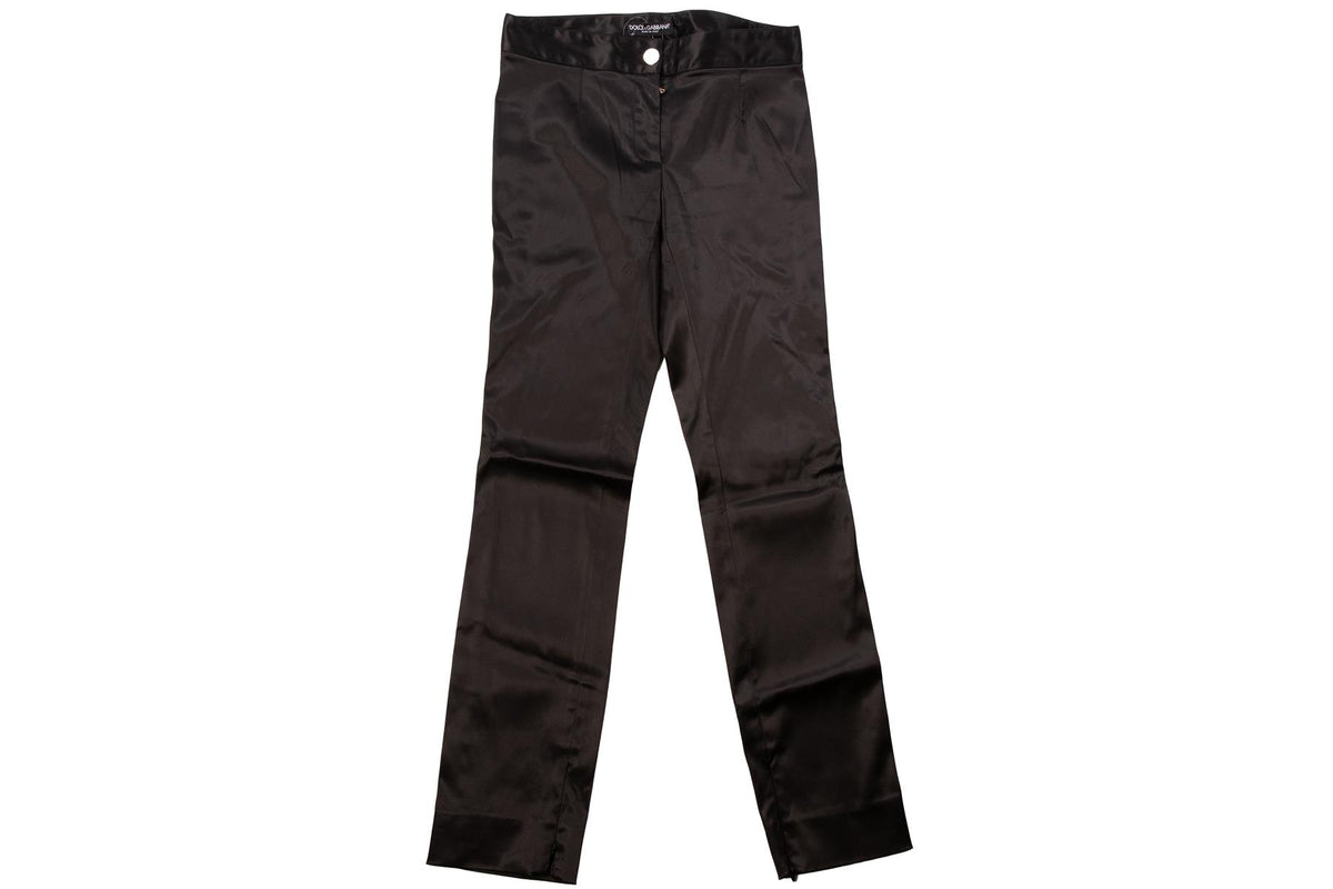 DOLCE & GABBANA BLACK VINTAGE SATIN STRAIGHT LEG PANTS XSMALL