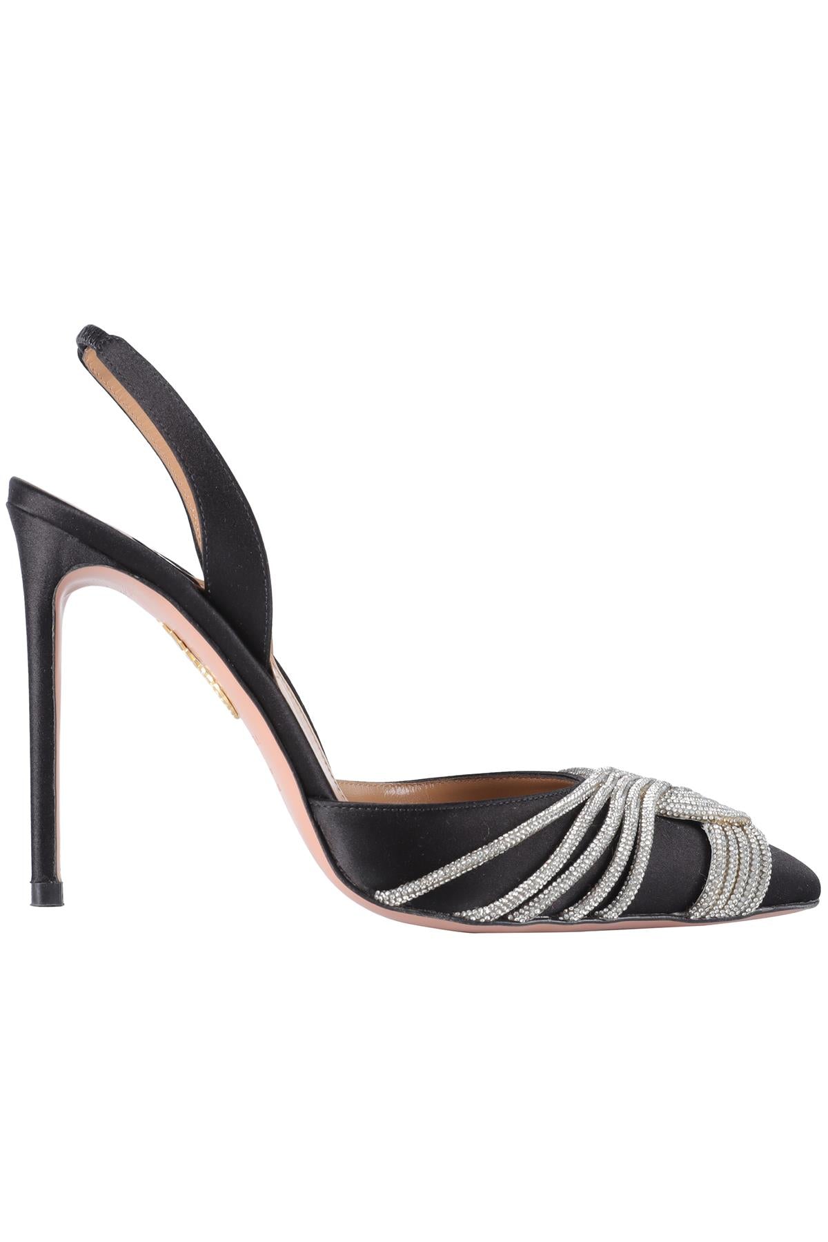 AQUAZZURA BLACK CRYSTAL AND SATIN SLINGBACK PUMPS EU 38.5 UK 5.5 US 8.5