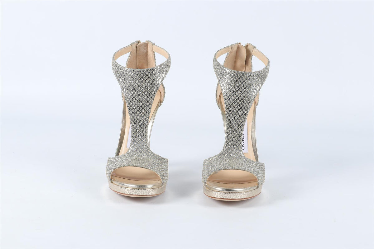 JIMMY CHOOS SILVER GLITTER SANDALS EU 34 UK 1 US 4